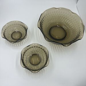 Vintage MCM Glass Serving Bowls, Ruffled, Raised Diamond Pattern, Brown